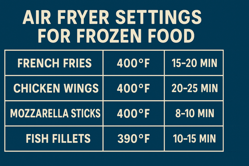 chart showing setting teoerature for frozen french fries and food